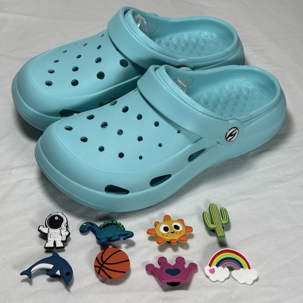 Kids Teal Clogs With‎ Charms Size US 2 EU 34 Slip On Sandals